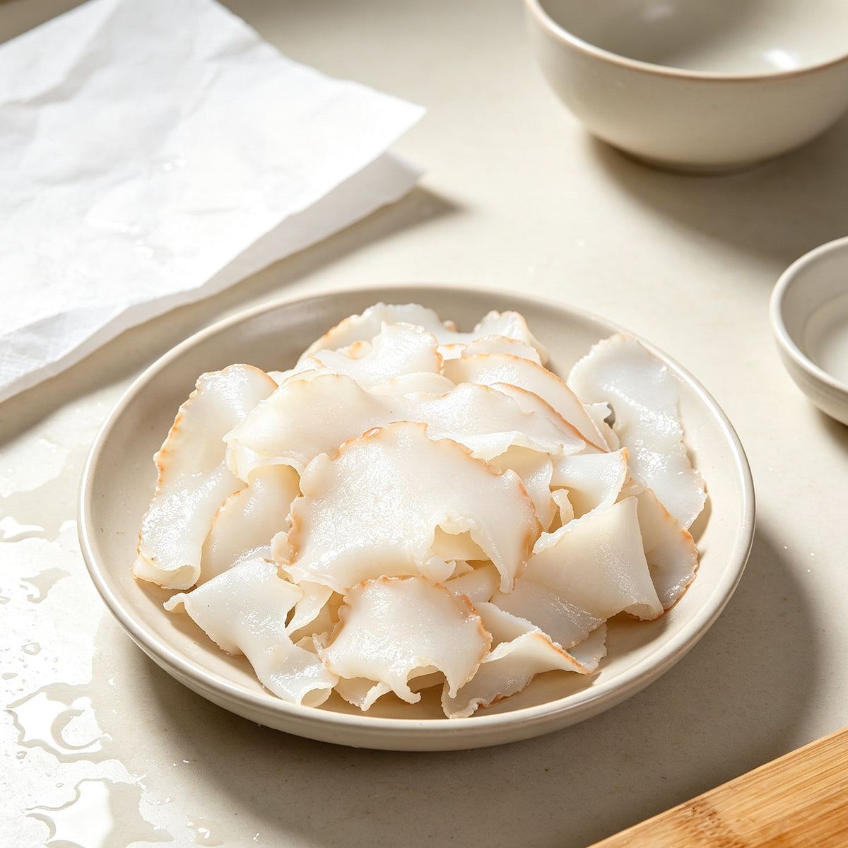 Pale conch slices garnished with lemon and herbs