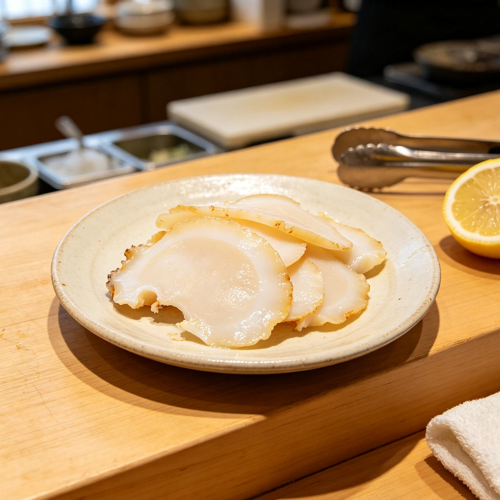 Sliced conch meat served on a ceramic plate