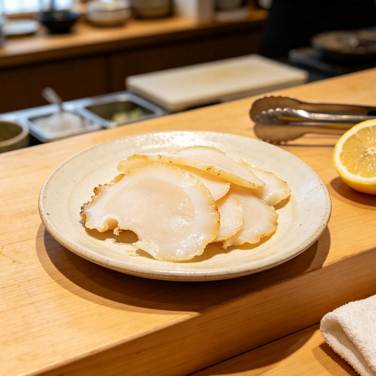 Sliced conch meat served on a ceramic plate