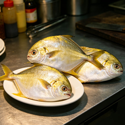 Whole golden pomfret with bright yellow fins