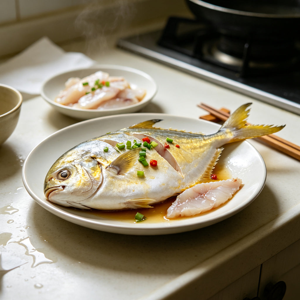 Steamed golden pomfret garnished with spring onion