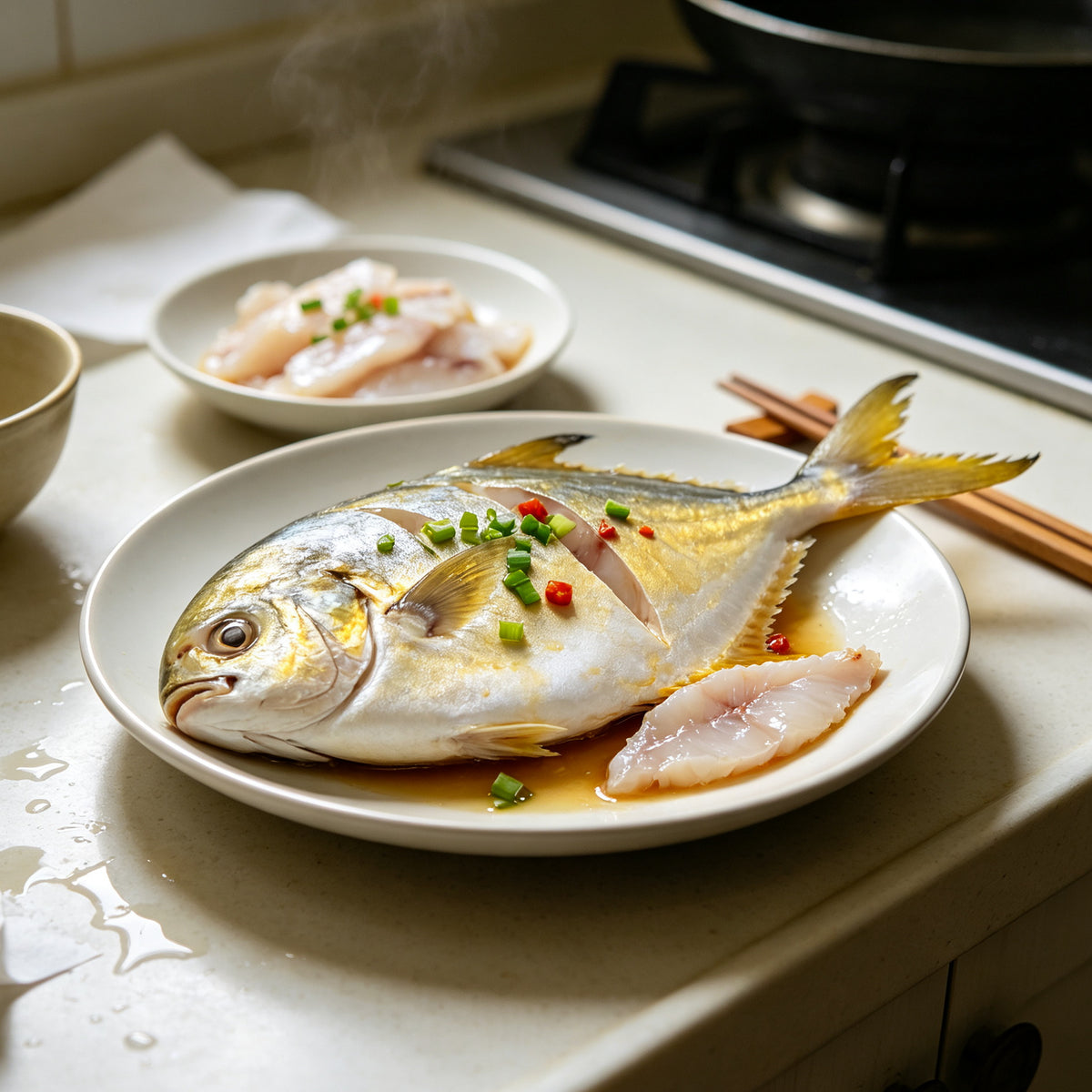 Steamed golden pomfret garnished with spring onion