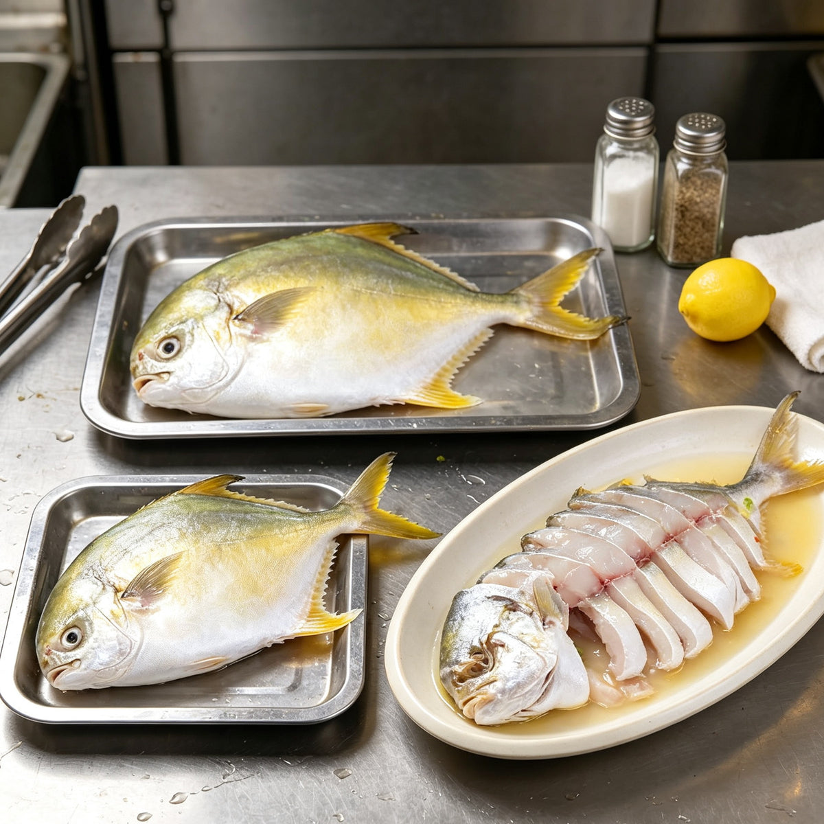 Golden pomfret and sliced fillet on a steel tray