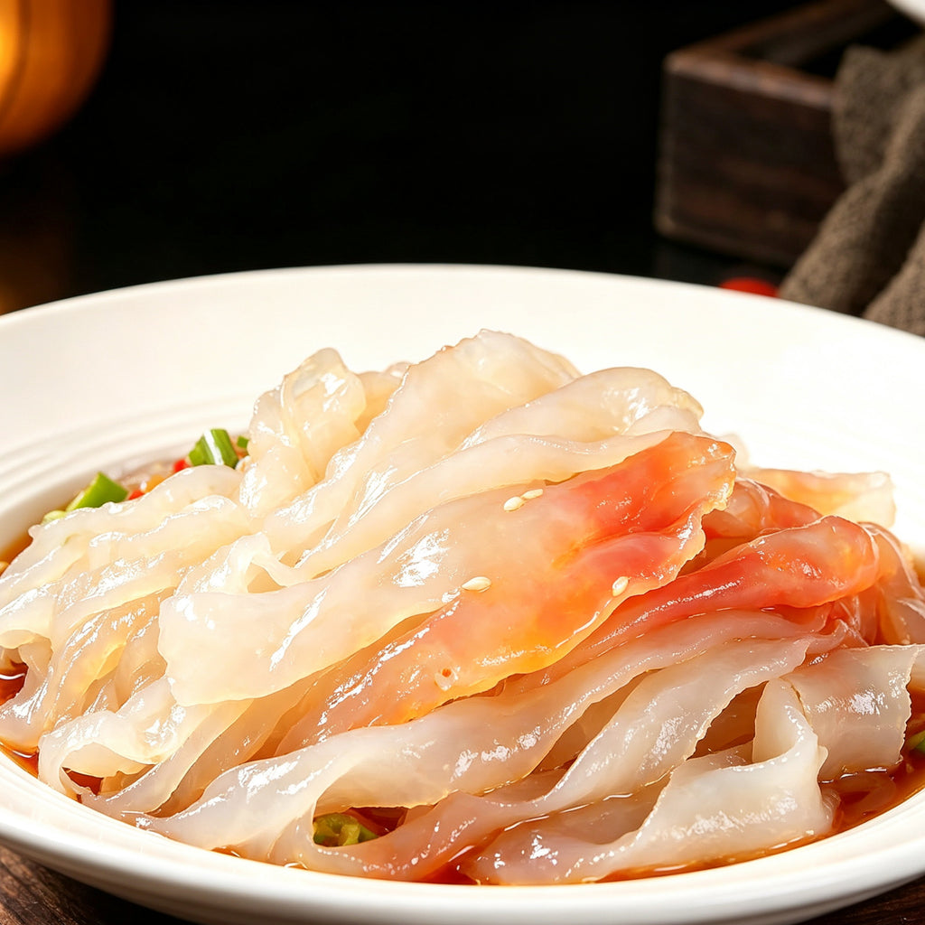 Translucent jellyfish strips dressed with sesame