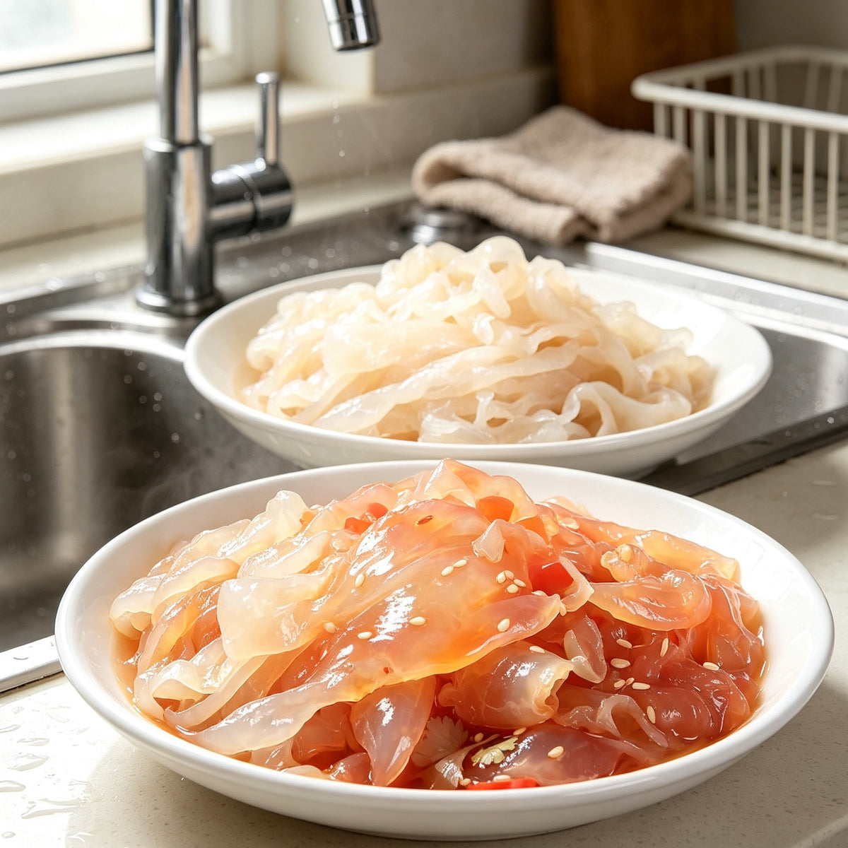 Chilled jellyfish ribbons in a white bowl