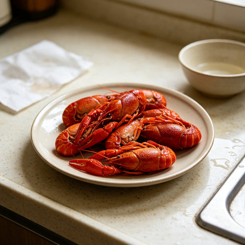 Boiled crawfish piled on a white plate