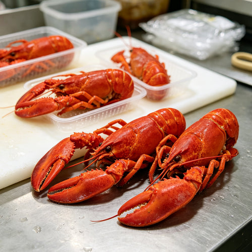 Boiled lobsters and crawfish on a kitchen bench