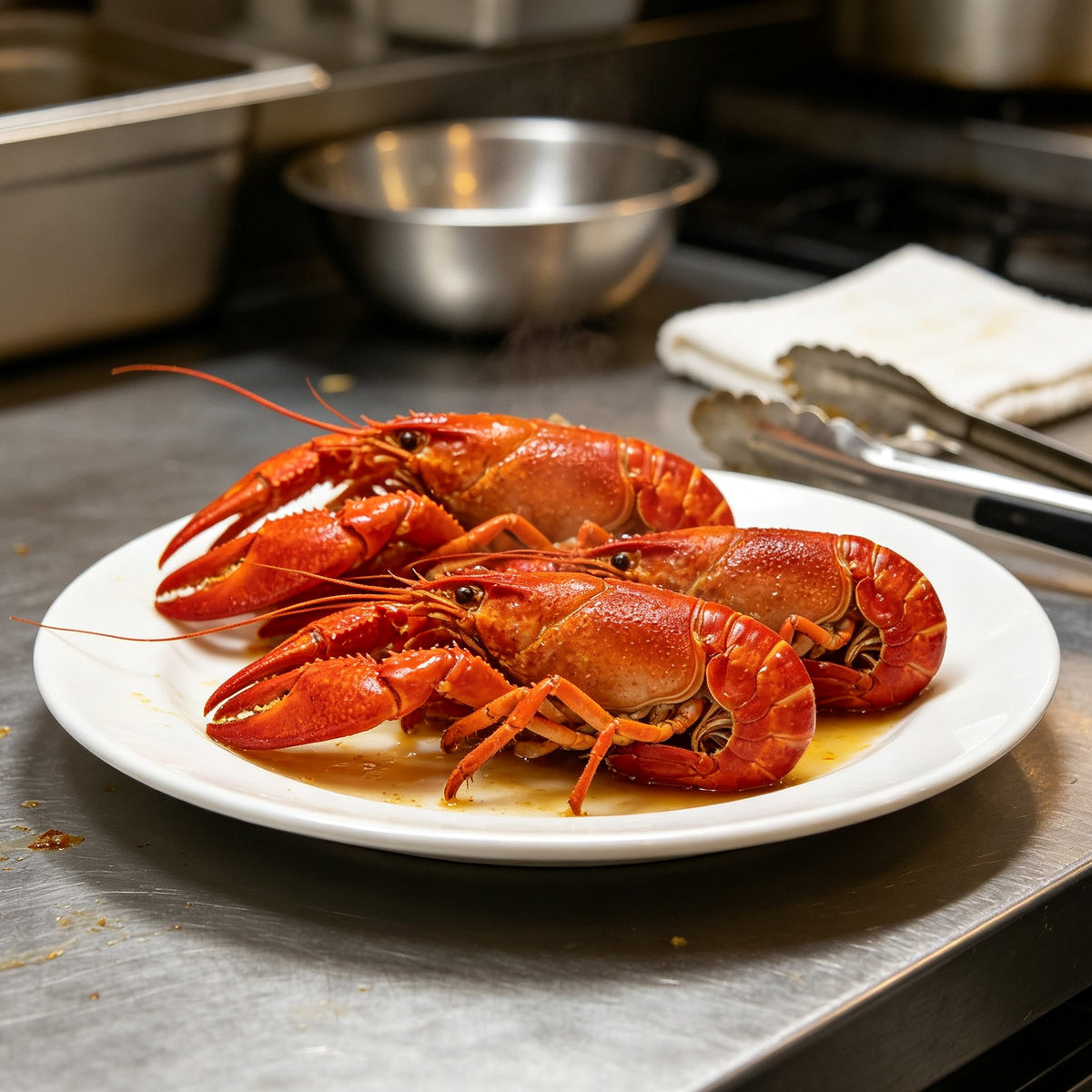 Whole cooked lobsters plated on a white dish
