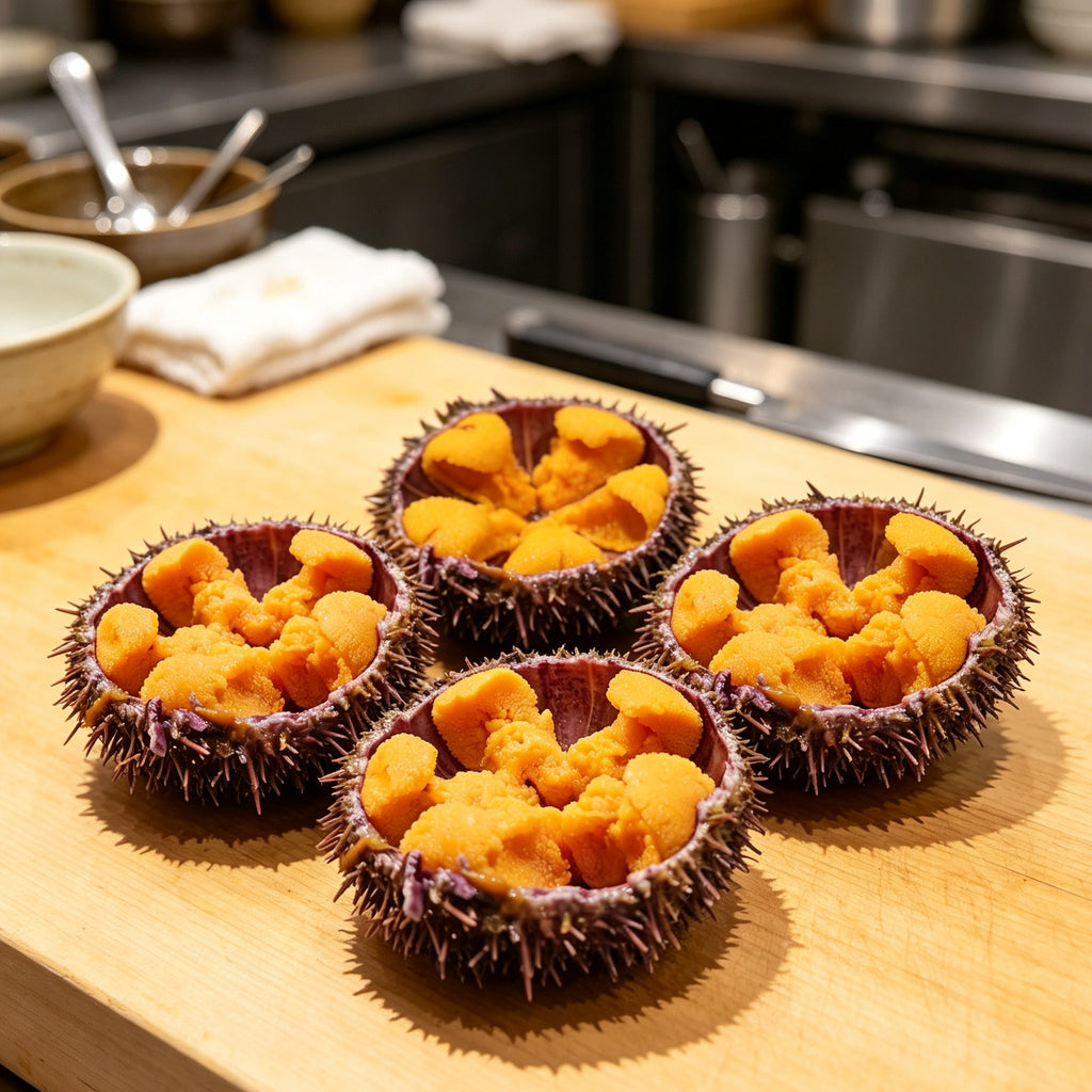 Fresh sea urchin halves plated on a wooden serving board
