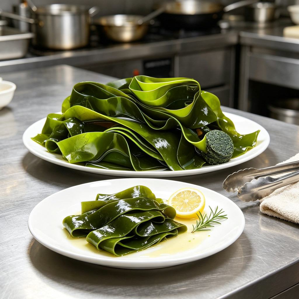 Fresh green kelp sheets arranged on a white plate