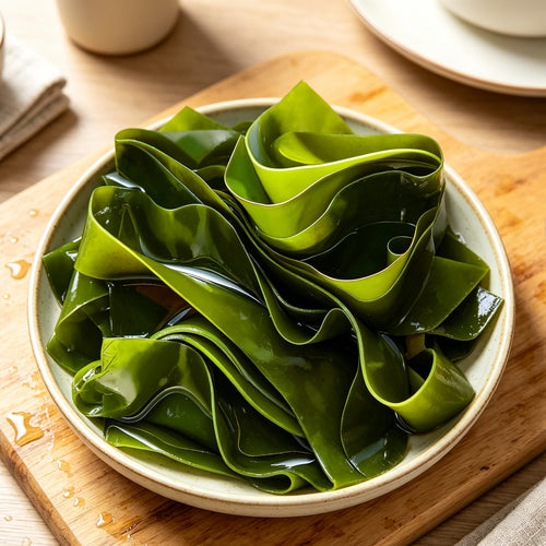 Whole kelp sheets folded on a wooden board