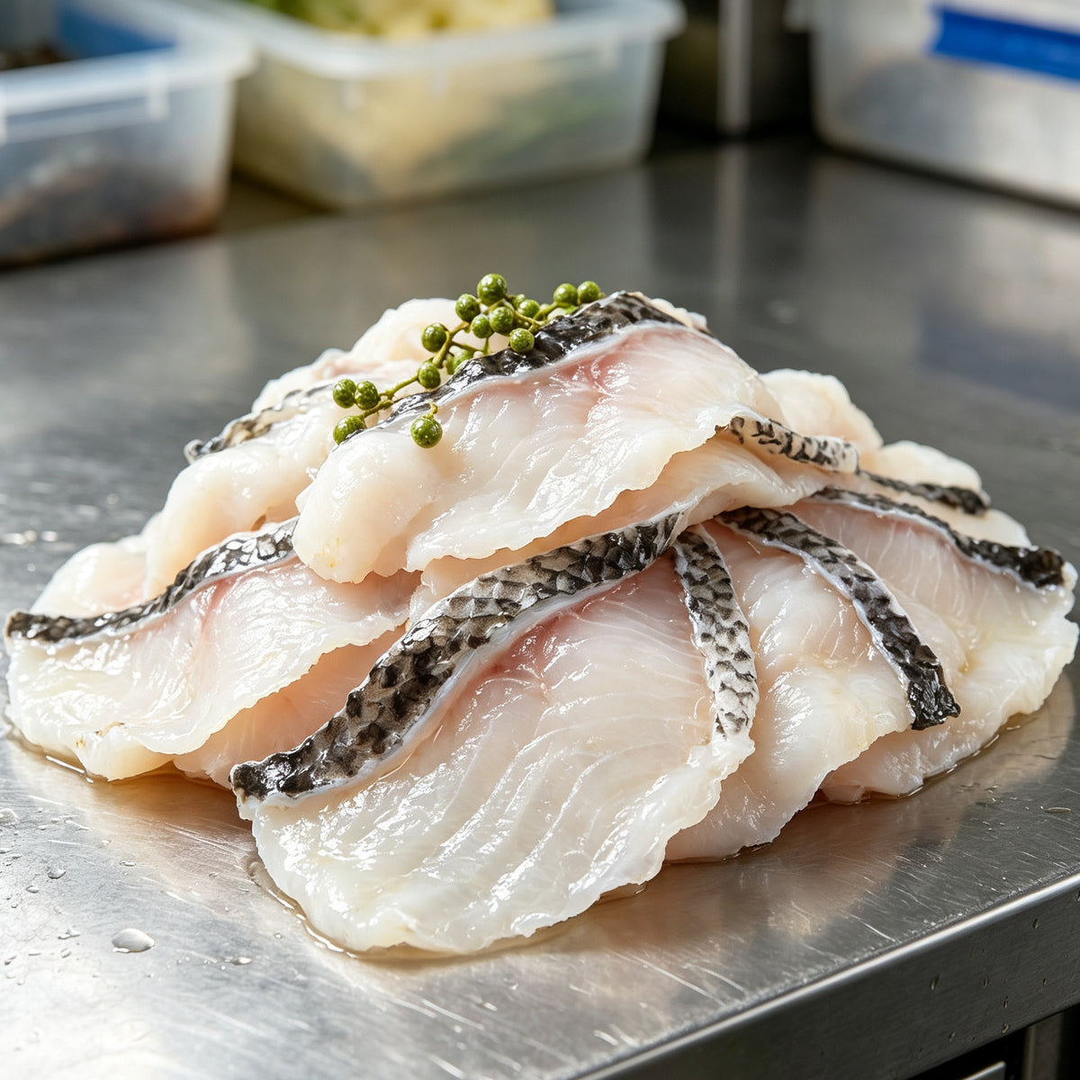 Thin white snakehead fillets with dark mottled skin
