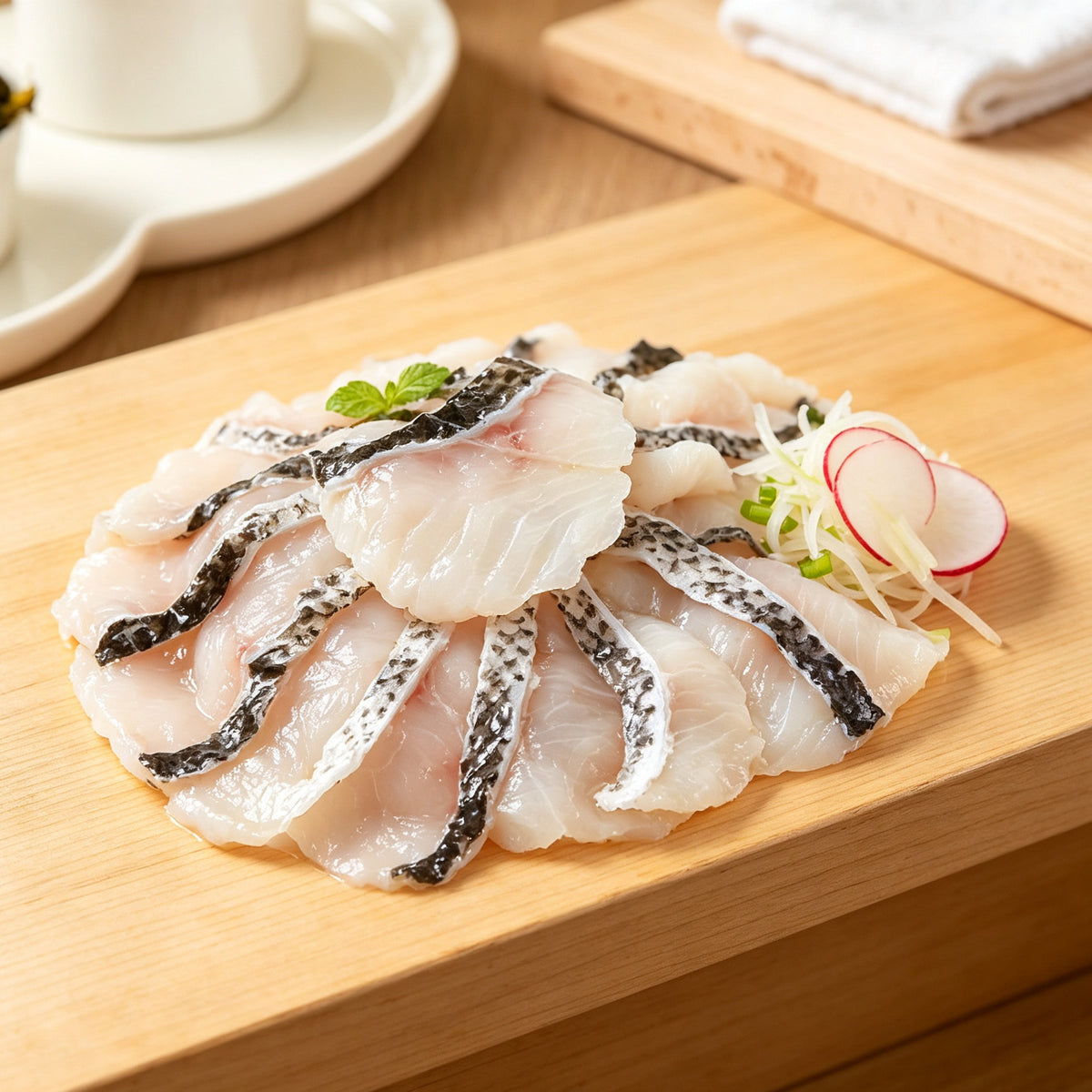 Snakehead fish fillets arranged on a wooden board